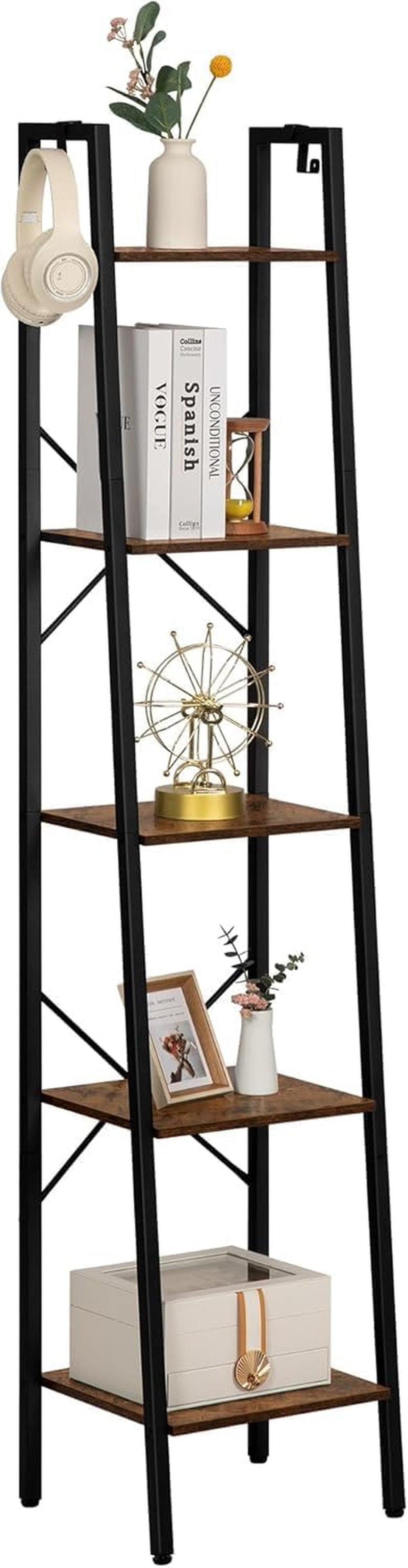 Ladder Shelf, Bookshelf Bookcase, Freestanding Corner Storage Shelve with 2 Hooks for Home Office, Living Room, Kitchen, Bedroom, Industrial, 11.8" D X 13.4" W X 63" H, Rustic Brown BC03201B