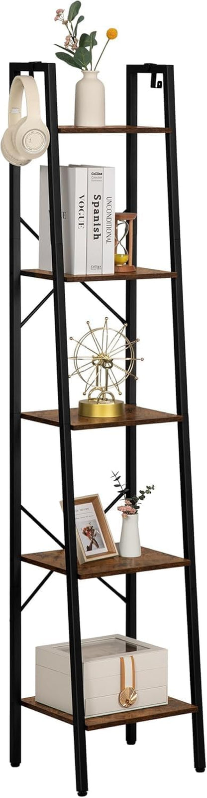 Ladder Shelf, Bookshelf Bookcase, Freestanding Corner Storage Shelve with 2 Hooks for Home Office, Living Room, Kitchen, Bedroom, Industrial, 11.8" D X 13.4" W X 63" H, Rustic Brown BC03201B