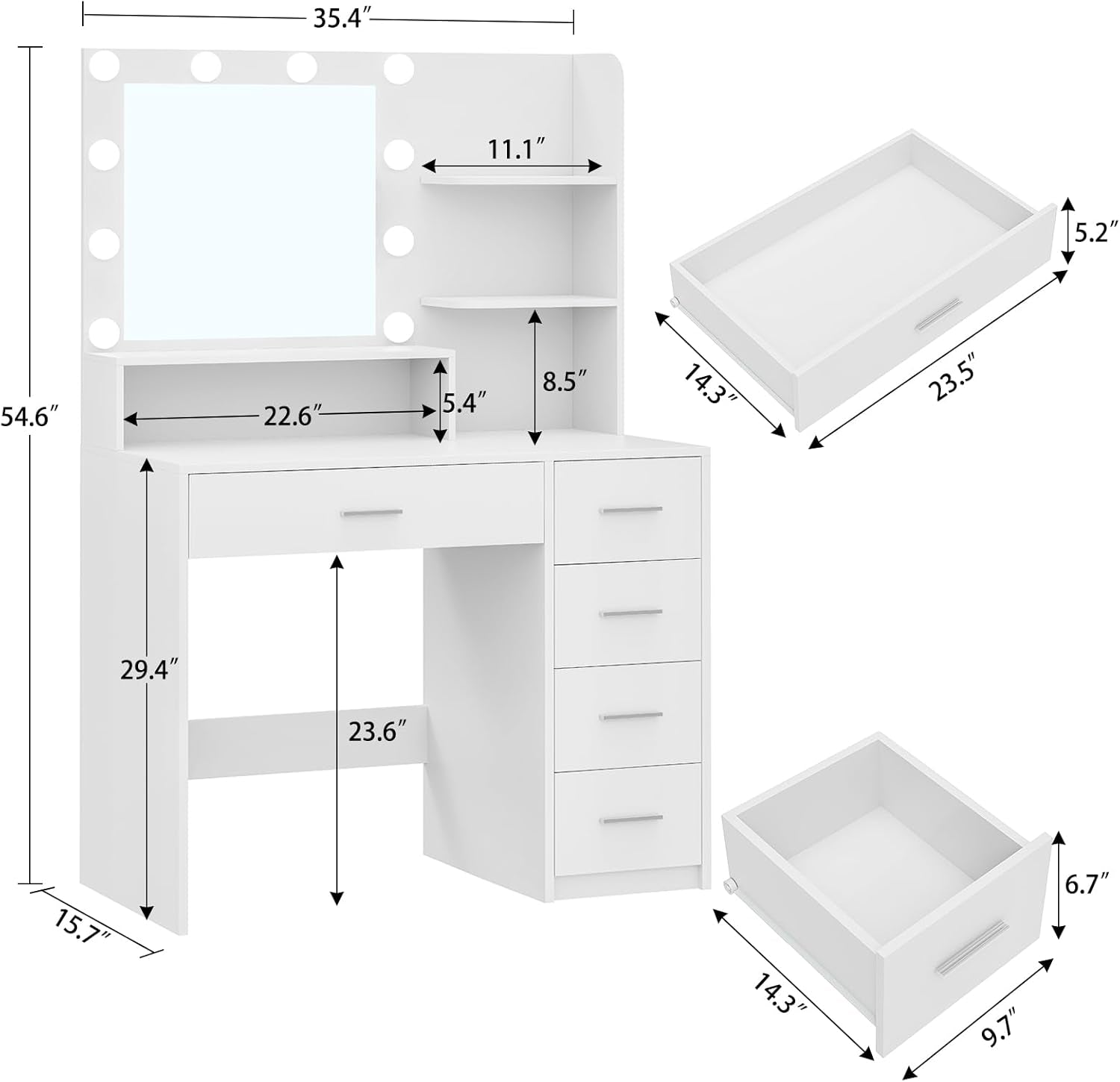 Makeup Vanity Desk with Mirror & Lights, Vanity Desk with 5 Drawers & Storage Shelves, Vanity Table, 3 Color Modes & Adjustable Brightness Dressing Table, Bedroom, White