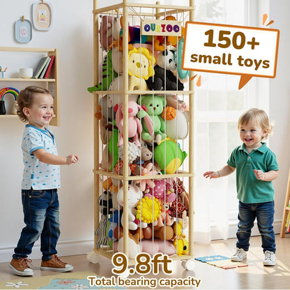 Stuffed Animal Storage Zoo with Wheels and Twinkling Bee String Lights, 55.12Inch Large Wooden Stuffed Animal Storage & Organizer with Elastic Cord Kids Plush Toy Storage for Nursery Playroom