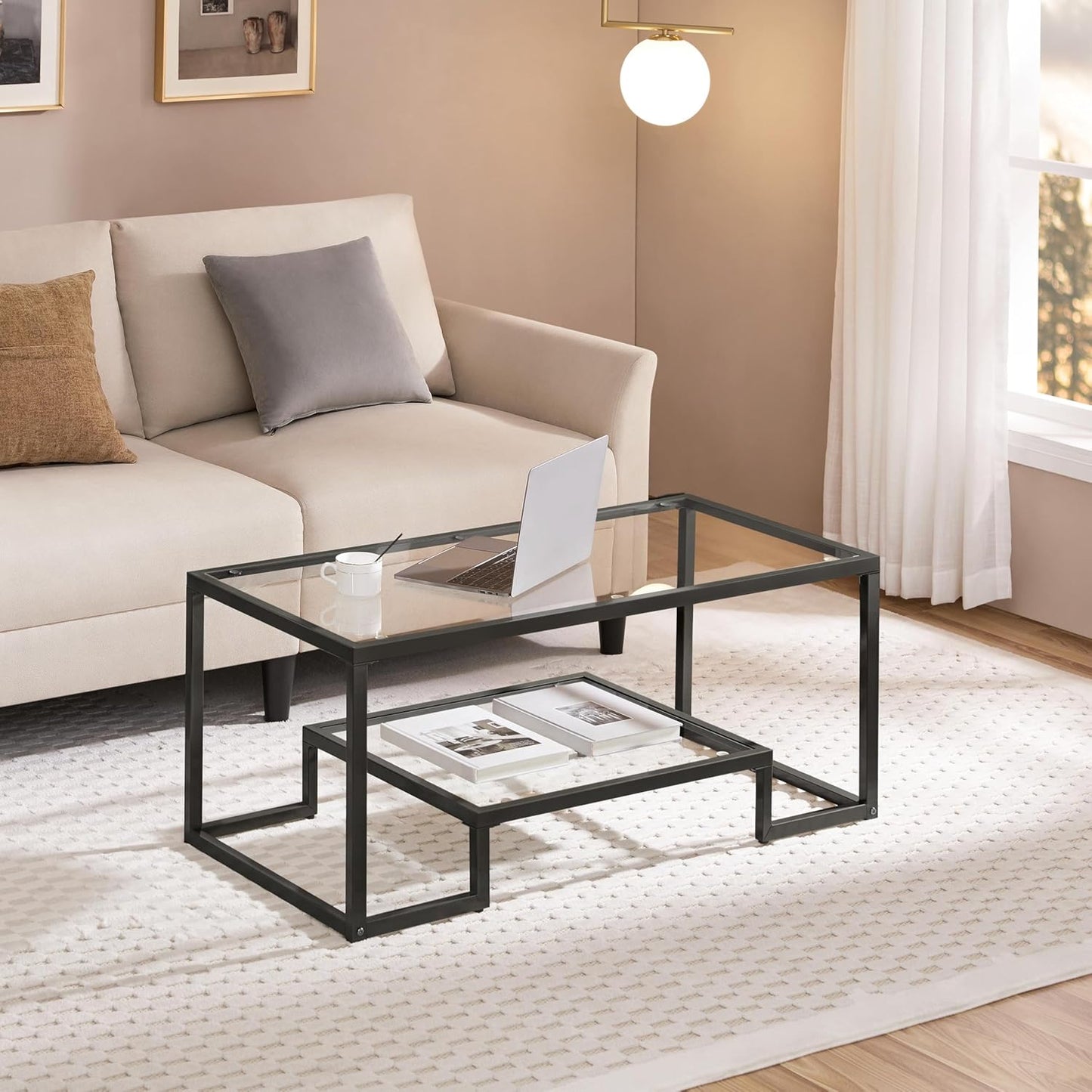 Coffee Table, Tempered Glass Coffee Table, Modern Simple Center Tables W/Geometric-Inspired Design & Metal-Frame & Easy Assembly & Open Storage Shelf for Living Room, Office, Black