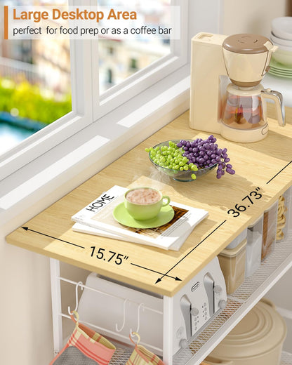 Kitchen Island with 3 Shelves, Rolling Kitchen Cart with 6 Hooks and Protective Shelf, Microwave Stand on Lockable Wheels, Bakers Rack Coffee Bar for Dining, Living Room, Outdoor, Metal Frame, White