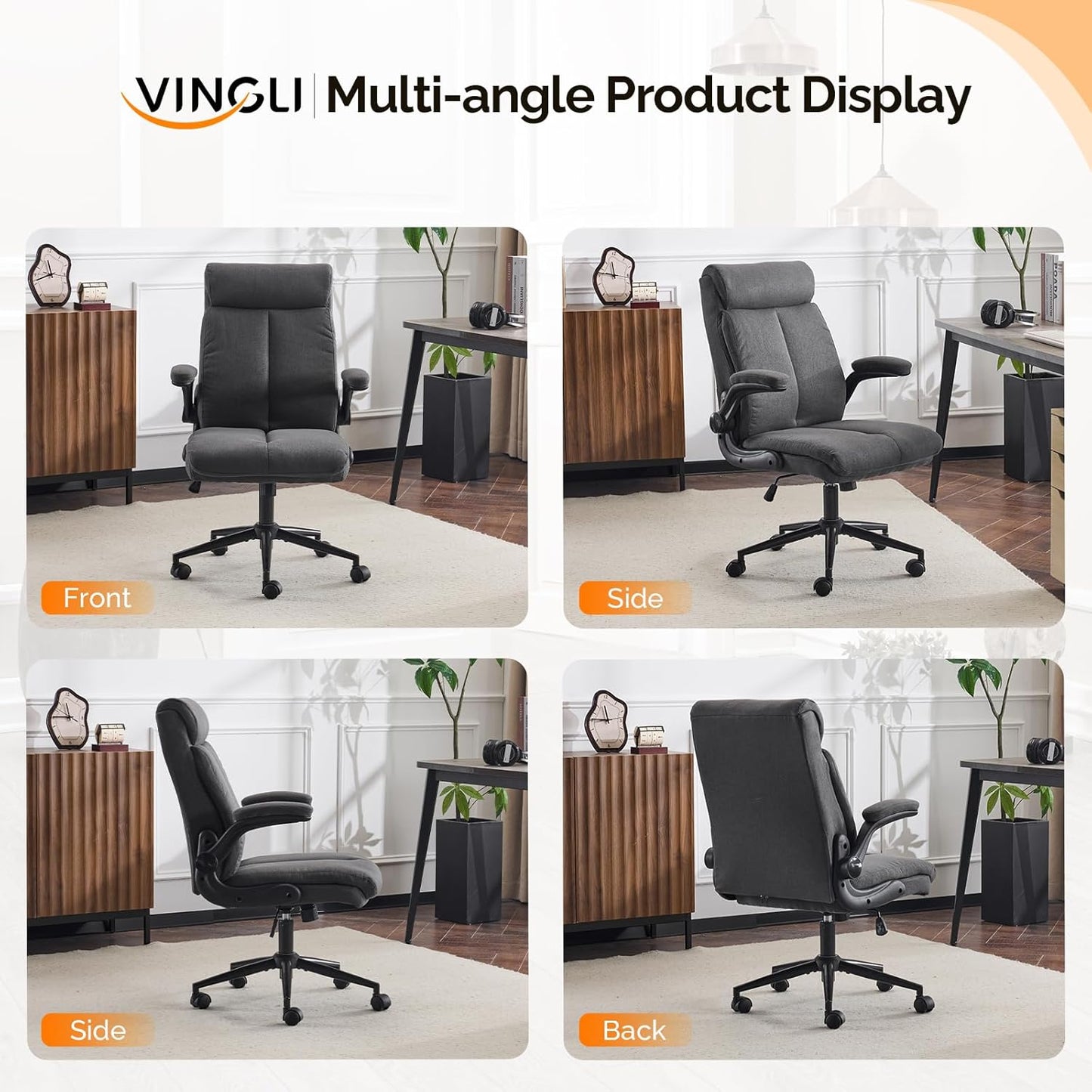 Rolling Ergonomic Office Desk Chair with Padded Flip-Up Arms, 360° Swivel High Back Executive Computer Task Chair with Wheels for Game，Home Small Space, Study Room, Reading Room, Linen Black