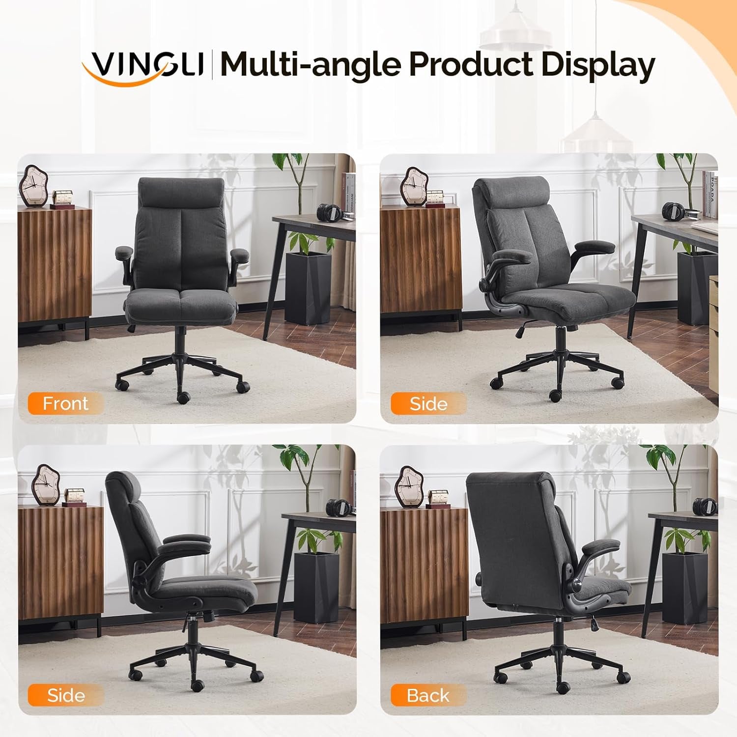 Rolling Ergonomic Office Desk Chair with Padded Flip-Up Arms, 360° Swivel High Back Executive Computer Task Chair with Wheels for Game，Home Small Space, Study Room, Reading Room, Linen Black