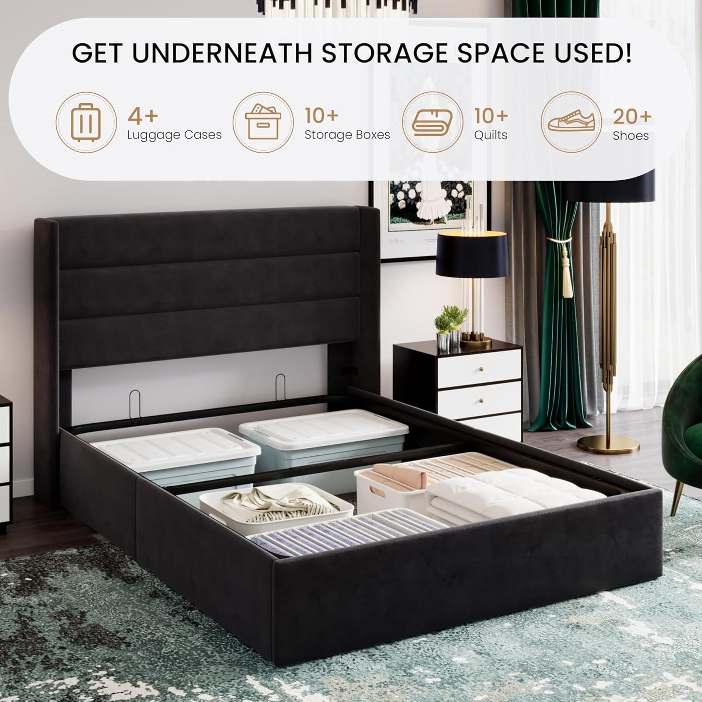 Queen Size Lift up Storage Bed/Velvet Upholstered/Modern Wingback Headboard/Upholstered Platform Bed Frame/Hydraulic Storage/No Box Spring Needed/Black