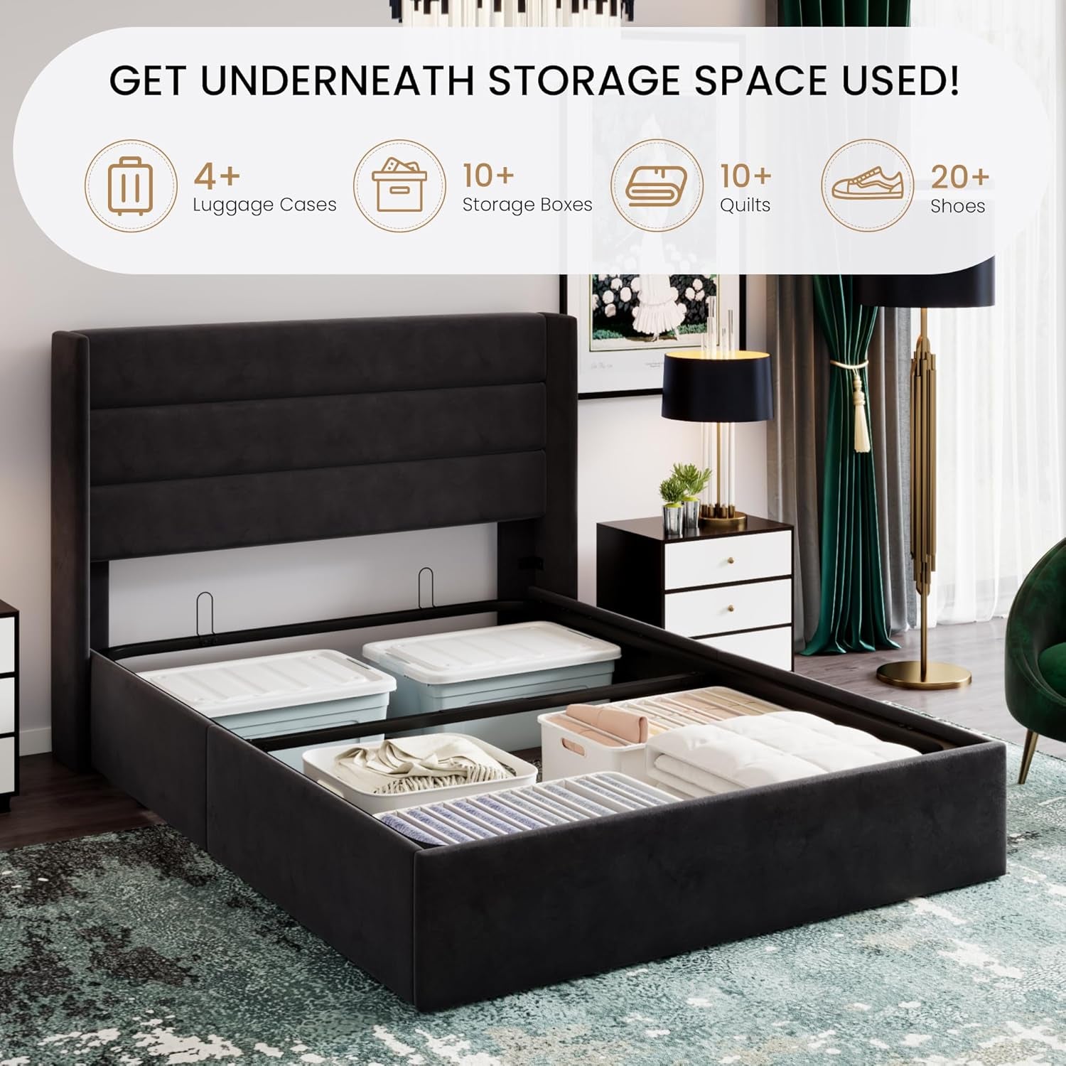 Queen Size Lift up Storage Bed/Velvet Upholstered/Modern Wingback Headboard/Upholstered Platform Bed Frame/Hydraulic Storage/No Box Spring Needed/Black