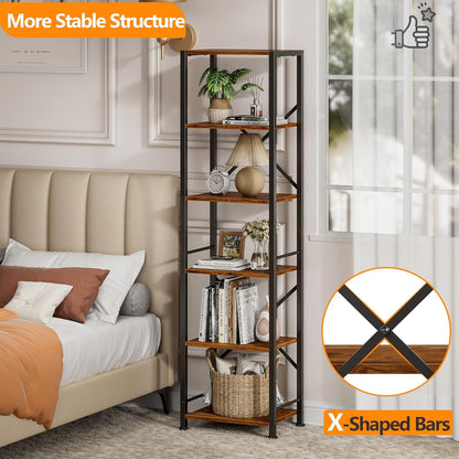 6 Tier Tall Bookshelf, Industrial Narrow Bookcase, Display Standing Shelf Units, Metal and Wood Storage Rack Organizer for Living Room, Home Office, Entryway, Kitchen, Rustic Brown