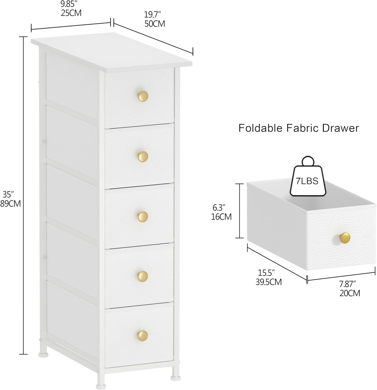 Narrow Dresser Cabinet Vertical Slim Dresser Chest of Drawers Skinny Storage Tower for Small Spaces Gaps Closet Bedroom Bathroom Small Fabric Drawer Unit (White, 5 Drawers)