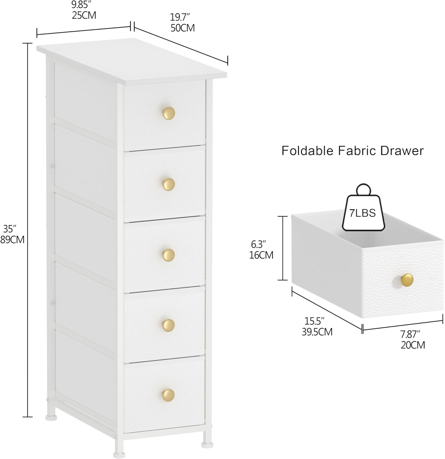 Narrow Dresser Cabinet Vertical Slim Dresser Chest of Drawers Skinny Storage Tower for Small Spaces Gaps Closet Bedroom Bathroom Small Fabric Drawer Unit (White, 5 Drawers)