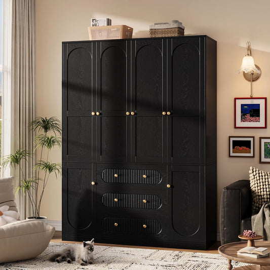 4 Doors Freestanding Armoire Wardrobe Closet, 72" Black Wardrobe Armoire Wooden Closet Large Capacity Storage with 3 Drawers & 3 Hanging Rod Shelves Clothes Organizer