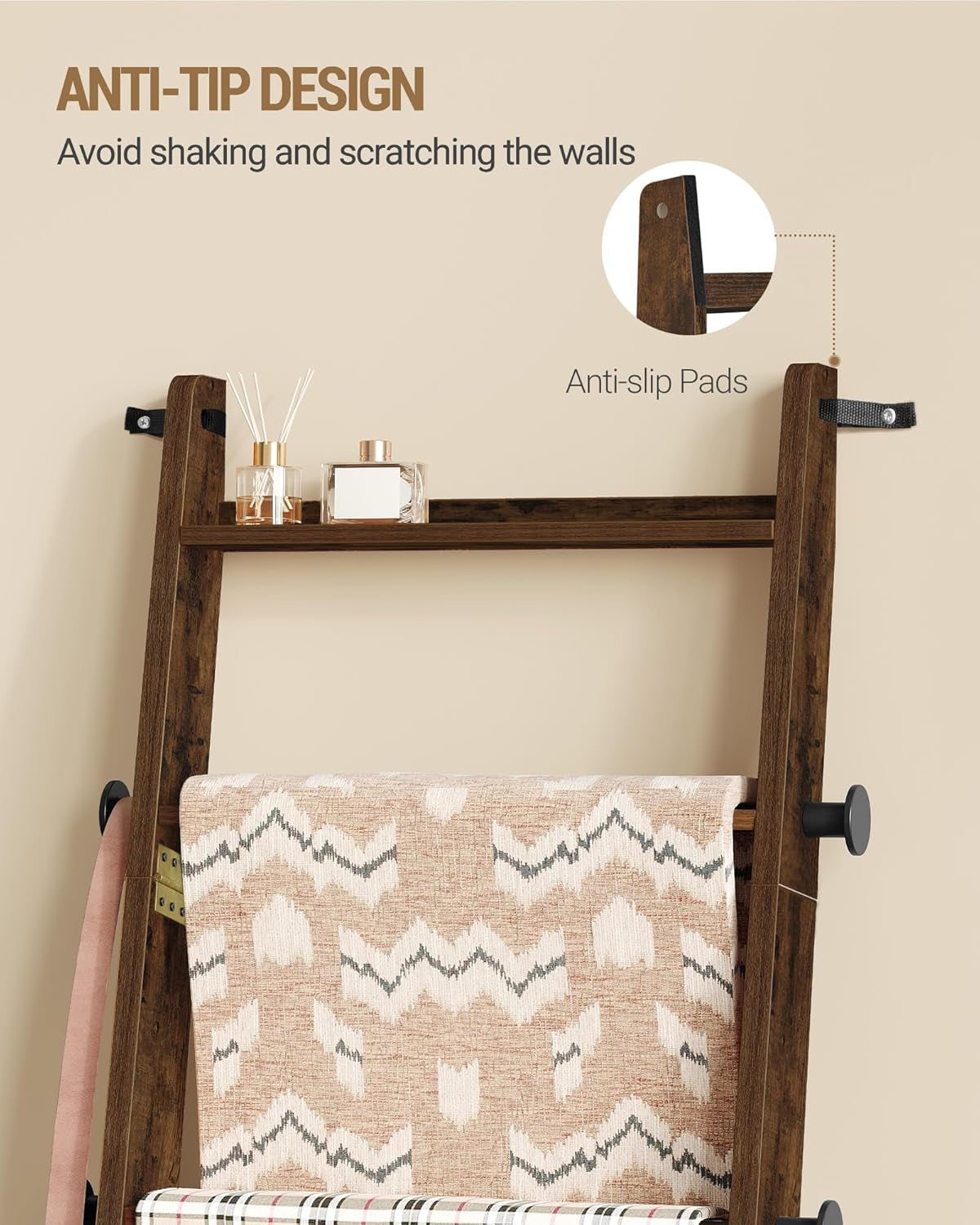 Blanket Ladder for Living Room, Decorative Quilt Rack with 4 Removable Hooks, 5-Tier Blanket Ladder Shelf for Bedroom,Rustic Brown BR30501X