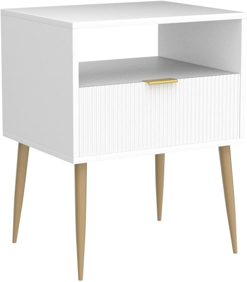 Jacklyn White Nightstand, Gold Accent Bedside Table with Storage Drawer, Open Shelf and Mid-Century Golden Legs, White/Gold, Set of 2