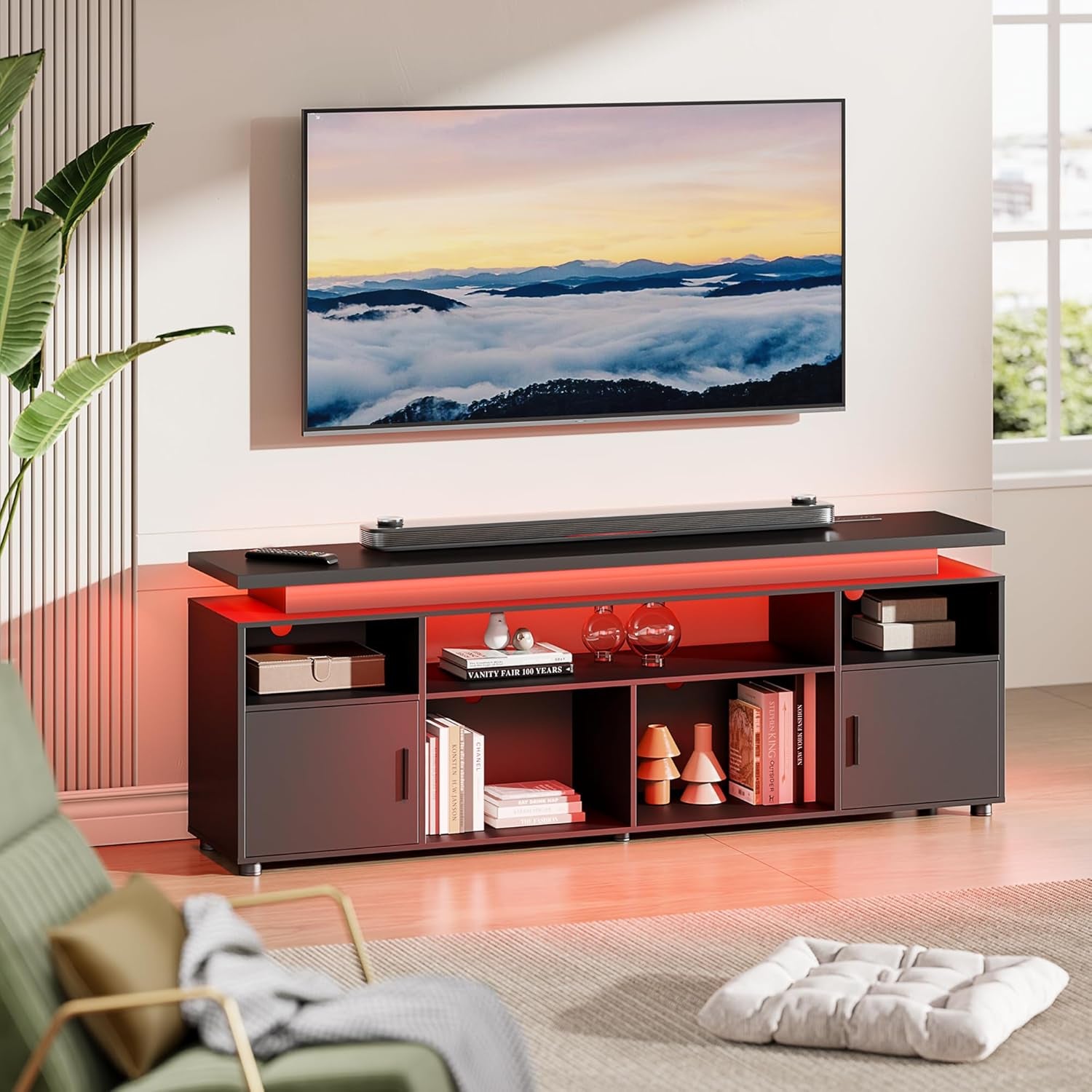 TV Stand, Entertainment Center with LED Lights and Cabinet for 70/75/80 Inch TV, Modern TV Console Gaming Media Television Stands with Power Outlets for PS5 in Living Room and Bedroom, Black