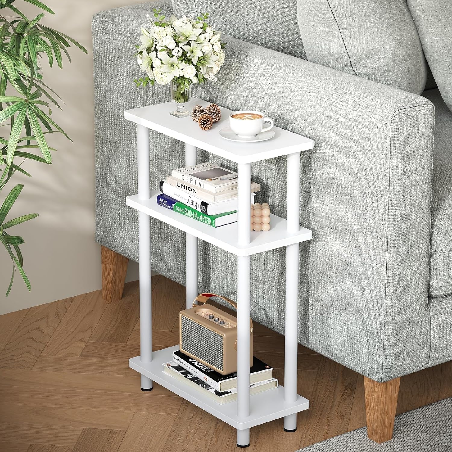 Small Narrow Side Table, 3-Tier Skinny End Table with Storage Shelf, Slim Nightstand Bedside Table for Small Spaces, Living Room, Bderoom, White