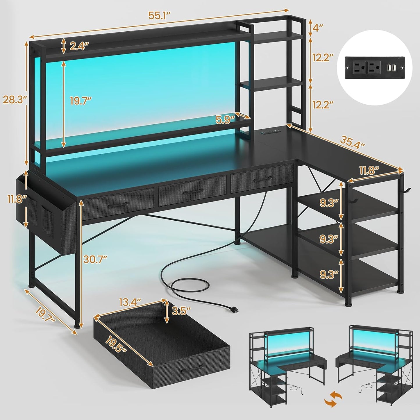 55" L Shaped Gaming Desk, Gaming Desk with Hutch & Drawers, Corner Computer Desk with Shelves and Storage, Reversible L Shaped Desk with LED Lights, Power Outlets, Monitor Stand, Black