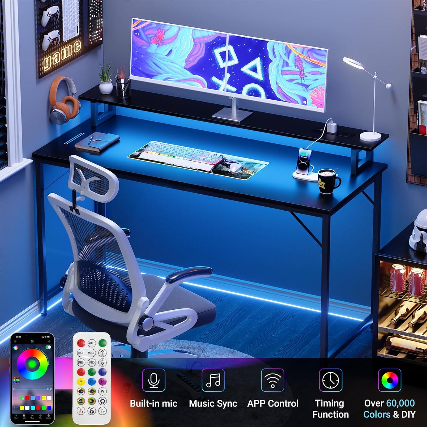 47 Inch Computer Desk with Power Outlets, Gaming Desk with LED Lights, Home Office Work Desk with Monitor Shelf, Modern Office Desk Study Writing Table for Small Spaces, Black