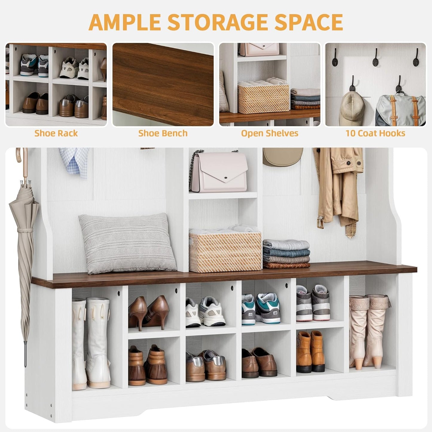59" Wide Hall Tree with Bench and Storage for Hallway Entryway, 10 Shoe Cubbies & 10 Coat Hooks, 4-Tier of Center Storage Open Cabinets, Coat Rack with Space for Bedroom Living Room (White)