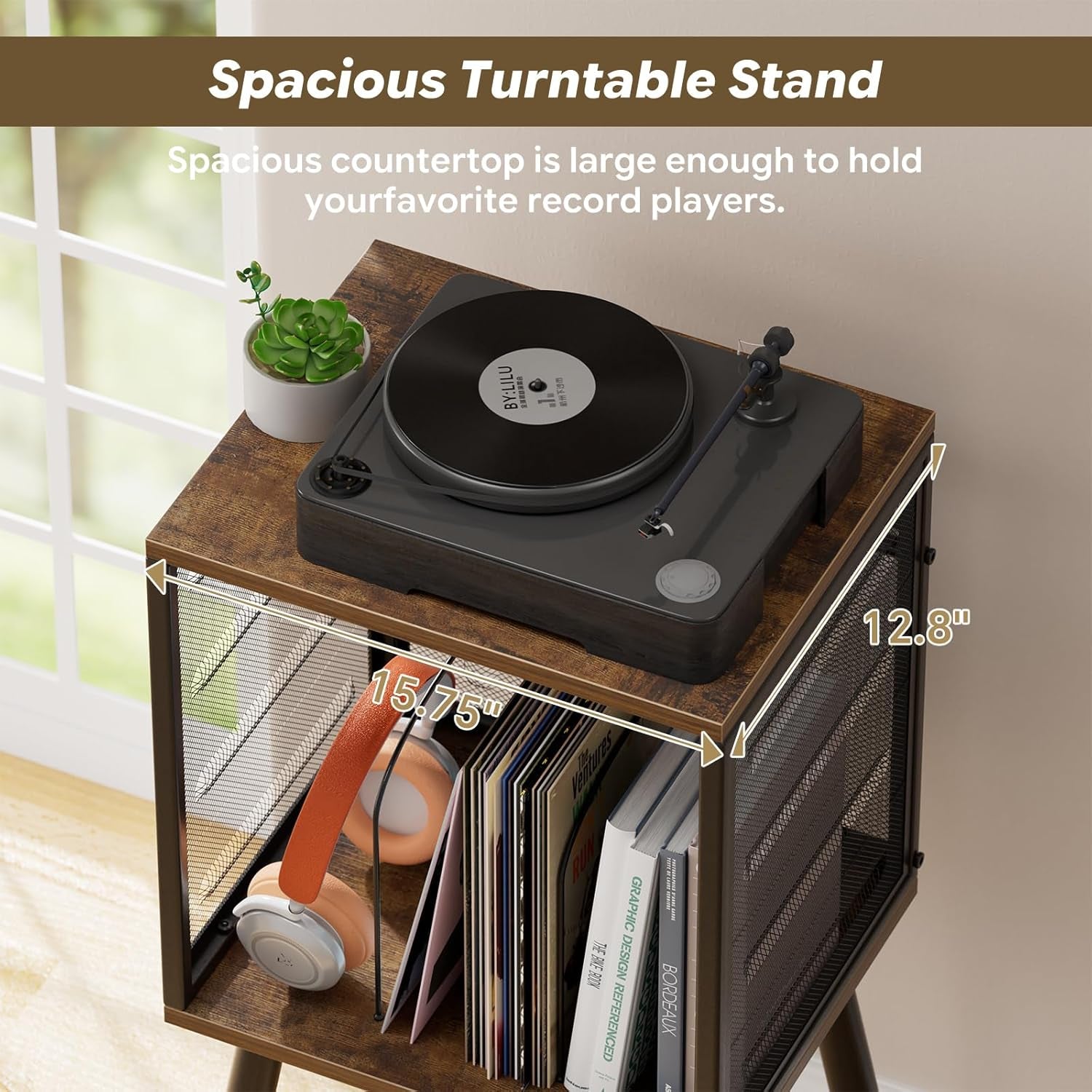 Record Player Stand, Vinyl Record Storage Holds up to 100 Albums, Record Holder Display Shelf, Organizer Table for Living Room, Rustic Brown