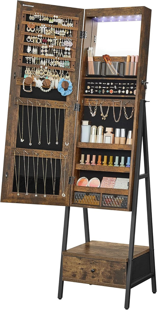 LED Cabinet Standing, Lockable Jewelry Armoire with Full-Length Mirror, Space-Saving Jewelry Organizer with Mirror, Bottom Drawer and Shelf, Gift Idea, Rustic Brown UJJC025X01