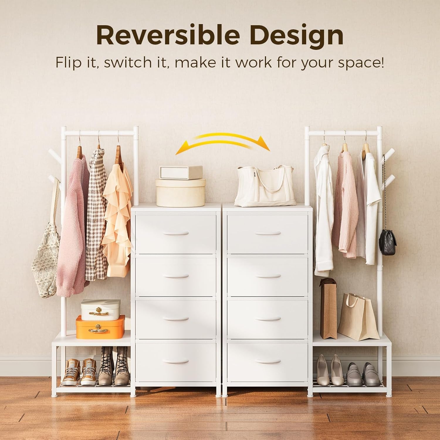 Small Dresser for Bedroom with Clothes Hanging Rack, Reversible Bedroom Dresser with Shoe Rack & 4 Fabric Drawers, 3-In-1 Storage Chest of Drawers with Storage Shelves & Tree Hooks, White