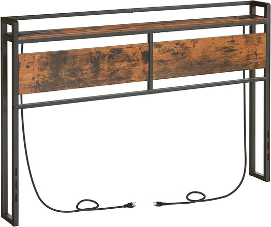 Headboard Queen Size, Headboard with 2 Outlets and 4 USB Ports, Adjustable Height, Storage Rack, Sturdy and Stable, Easy Assembly, Rustic Brown and Black