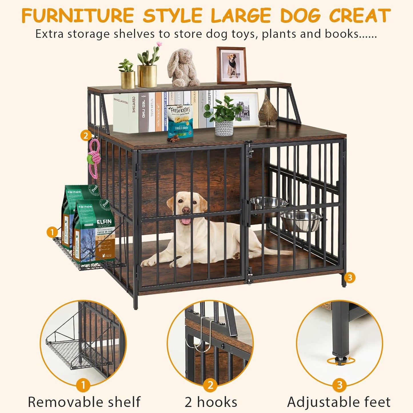Heavy Duty Dog Crate Furniture -  40” Large Dog Kennel Furniture with Elevated Stainless Steel Bowls, Wooden Dog Crate with Storage, Brown Dog Crates for Small Medium Dogs