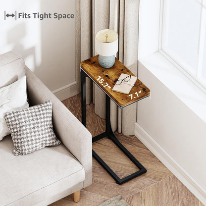 Narrow C Shaped Side Table Set of 2 Living Room Sets Slim Couch Tray Tables Skinny Thin Small Farmhouse 7 Inch Width, Rustic Brown (017-18BN)