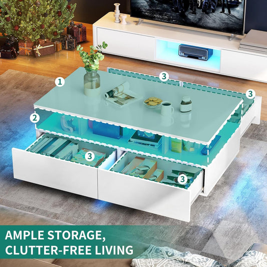 LED Coffee Tables for Living Room, High Glossy Coffee Table with Storage 4 Sliding Drawers, Small Rectangular LED Coffee Table Center Table with Open Display Shelf, Glossy White