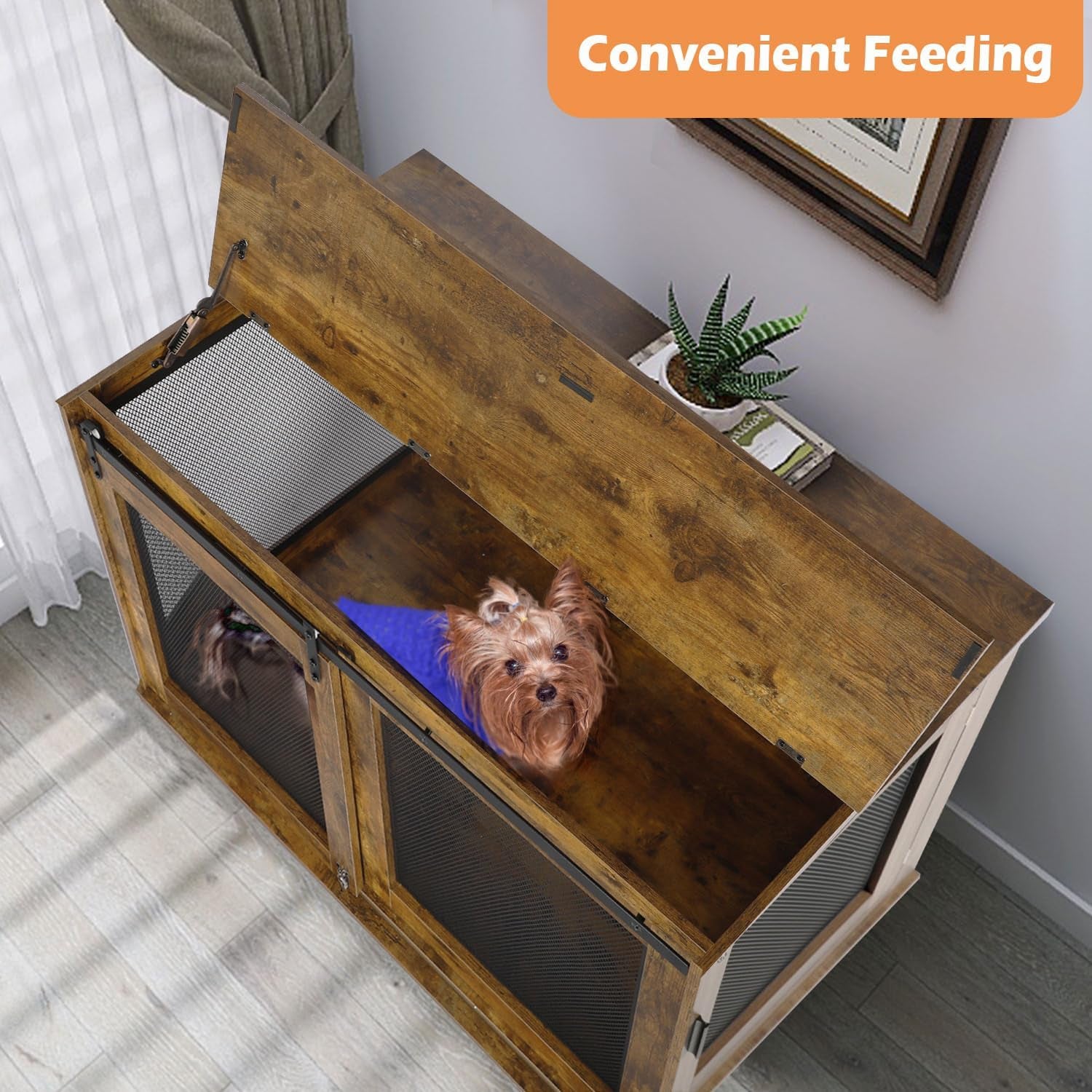 47 Inch Large Dog Crate Furniture, Wooden Heavy Duty XL Dog Kennel Indoor, Decorative Dog Cage Table for Large Dogs, with Sliding Doors, Wheels and Flip-Top Plate, Rustic Brown