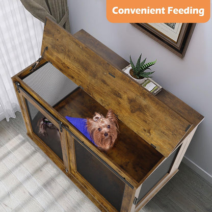 47 Inch Large Dog Crate Furniture, Wooden Heavy Duty XL Dog Kennel Indoor, Decorative Dog Cage Table for Large Dogs, with Sliding Doors, Wheels and Flip-Top Plate, Rustic Brown
