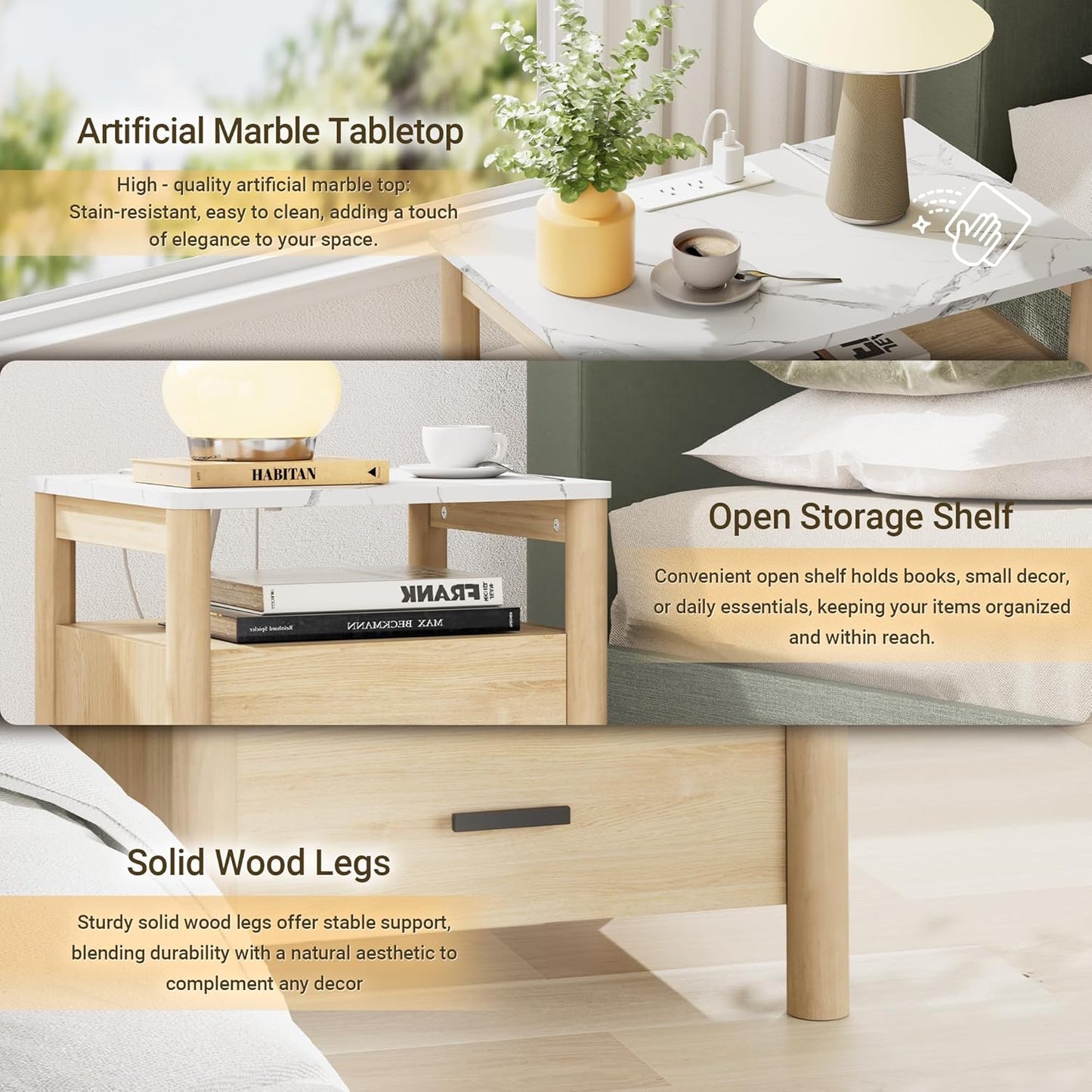 Night Stand Set 2, 20" Wide Nightstands Set of 2, Nightstand with Charging Station & Faux Marble Top, 2 Drawer End Table with Solid round Post Legs, Bedside Table for Bedroom, Natural Oak