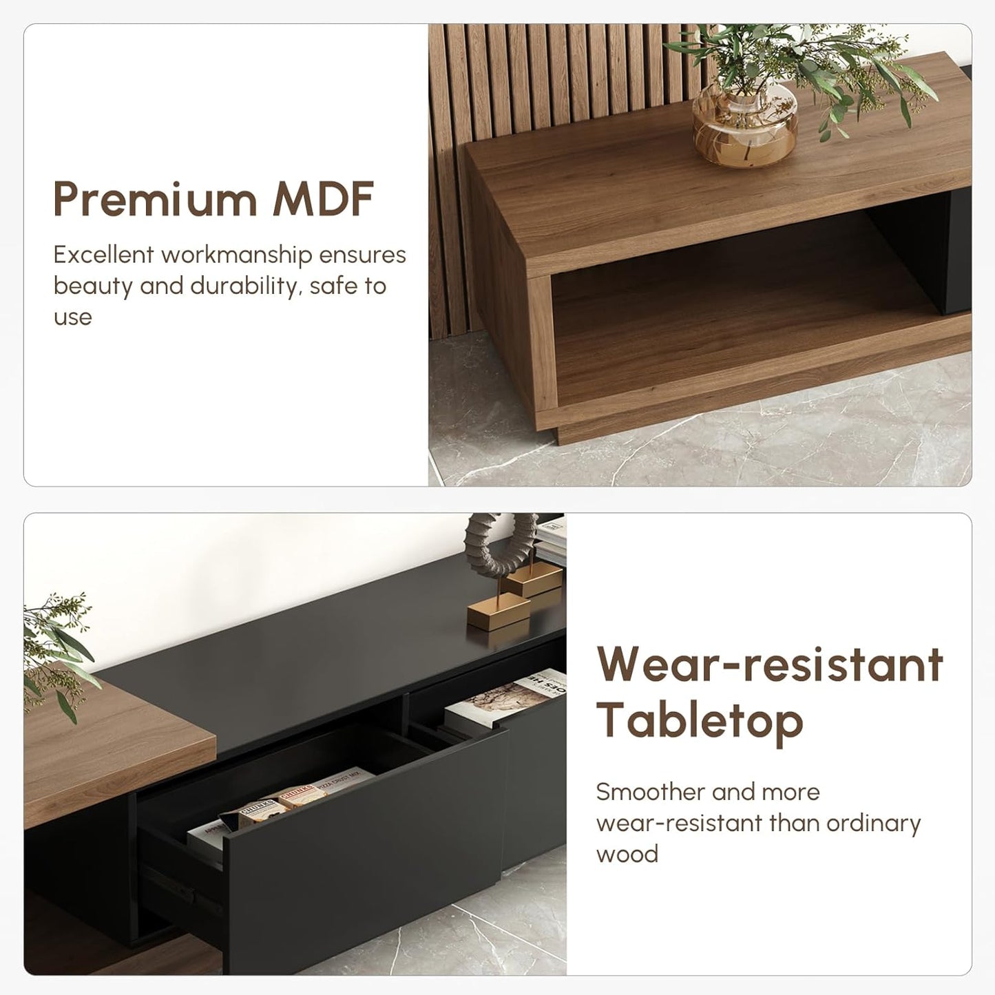 Modern Mid-Century Coffee Table and TV Stand Set of 2, Extendable Entertainment Center Set for Living Room (Black & Walnut)