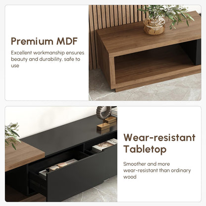 Modern Mid-Century Coffee Table and TV Stand Set of 2, Extendable Entertainment Center Set for Living Room (Black & Walnut)