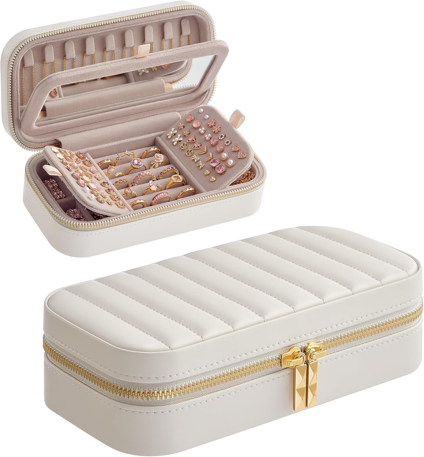 HOME Travel Jewelry Case, Small Jewelry Box Organizer with Mirror, 4.1 X 8 X 2.4 Inches, PU Surface with Stitching, Portable, Cloud White, ANAH Collection UJBC180W01