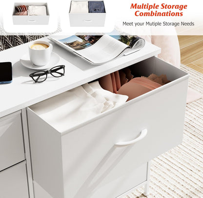 White Dresser for Bedroom with 5 Drawers, Small Dresser for Kids' Bedroom, Closet, Wide Chest of Drawers with Fabric Storage Drawers, Wooden Top, Steel Frame, Modern, White