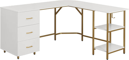 L Shaped Desk - Two-Toned Computer Desk with Drawers & Storage Shelves - Simple Modern Furniture & Home Office Space Corner Table for Work & Writing