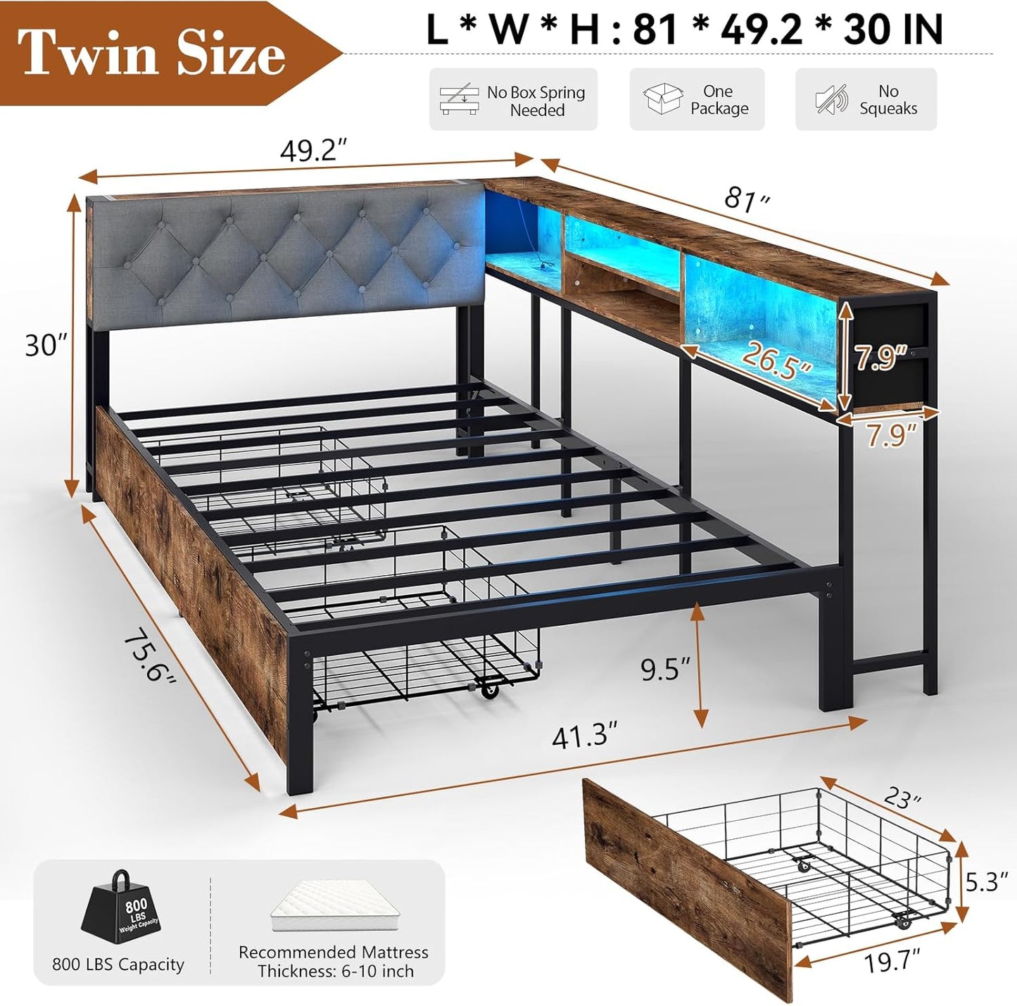 Twin Corner Bed Frame with Storage Bookcase and LED Lights, Twin Size Daybed with 2 Storage Drawers, Upholstered Platform Bed with Headboard and Charging Station, Rustic Brown & Gray