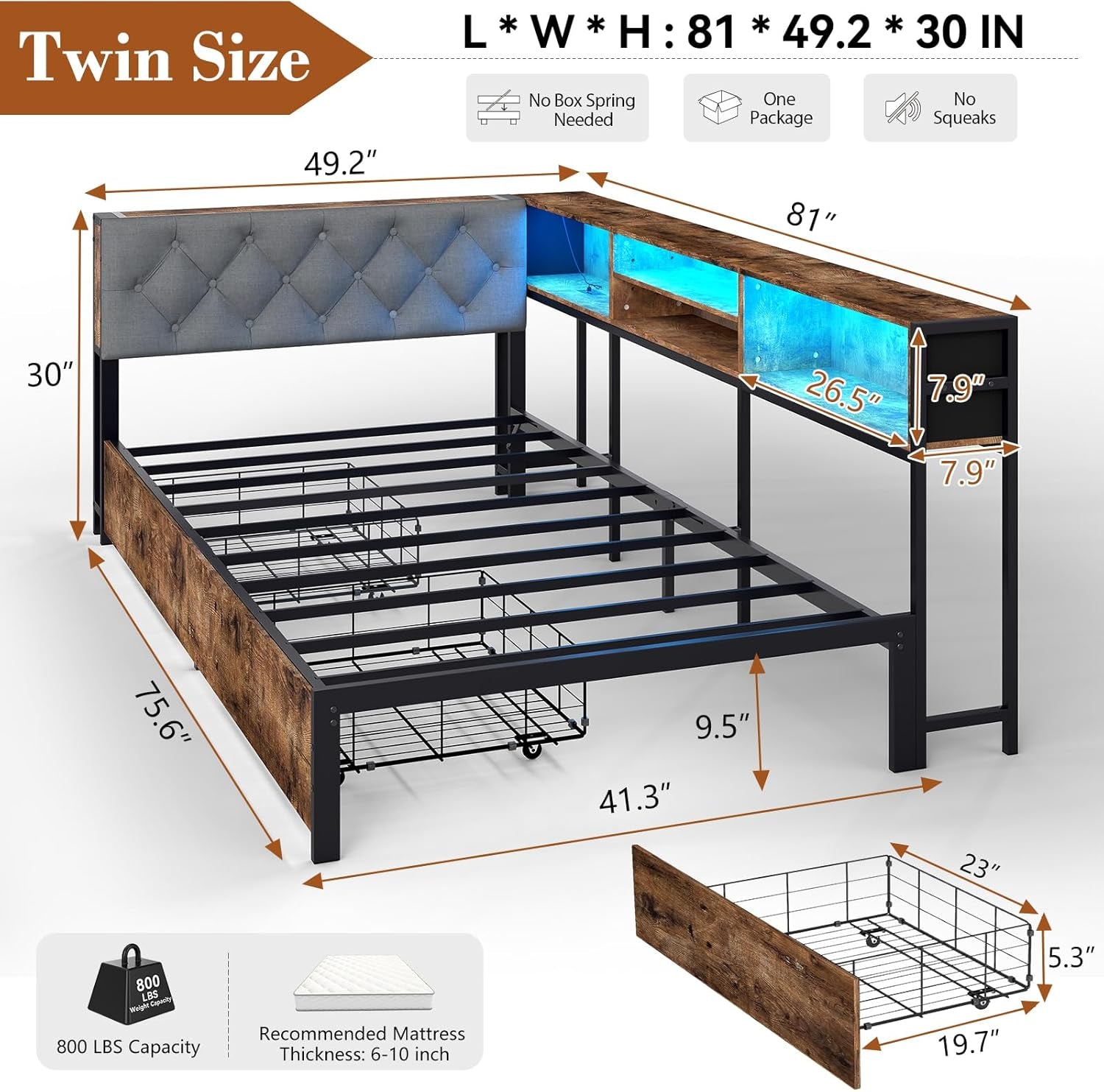 Twin Corner Bed Frame with Storage Bookcase and LED Lights, Twin Size Daybed with 2 Storage Drawers, Upholstered Platform Bed with Headboard and Charging Station, Rustic Brown & Gray