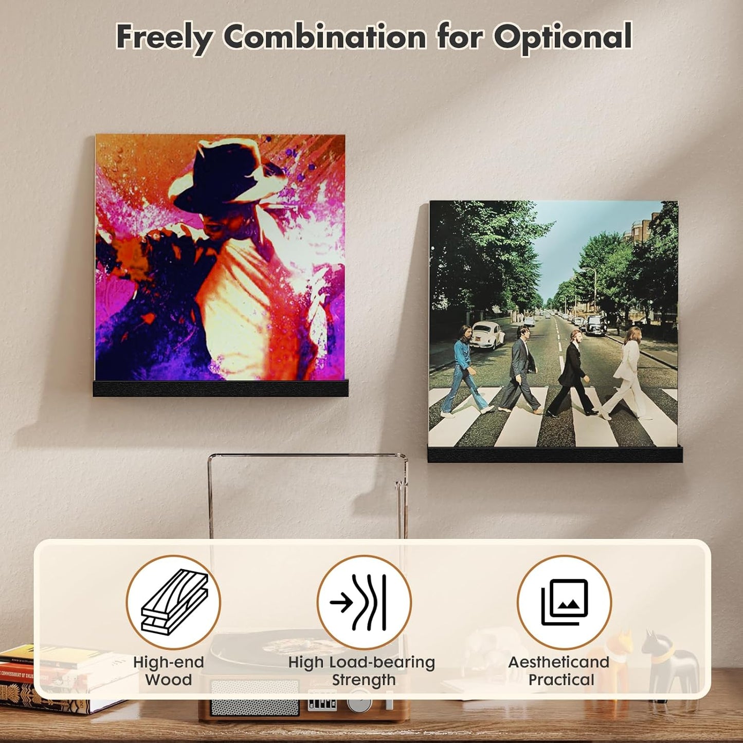 Vinyl Record Shelf Wall Mount, 6 Pack Album Record Holder Wall, 12 Inch Vinyl Record Storage Shelves Wall, Wood Record Display for Living Room(Black)