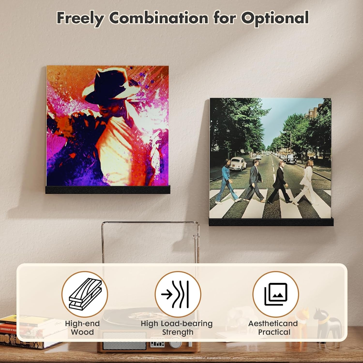 Vinyl Record Shelf Wall Mount, 6 Pack Album Record Holder Wall, 12 Inch Vinyl Record Storage Shelves Wall, Wood Record Display for Living Room(Black)