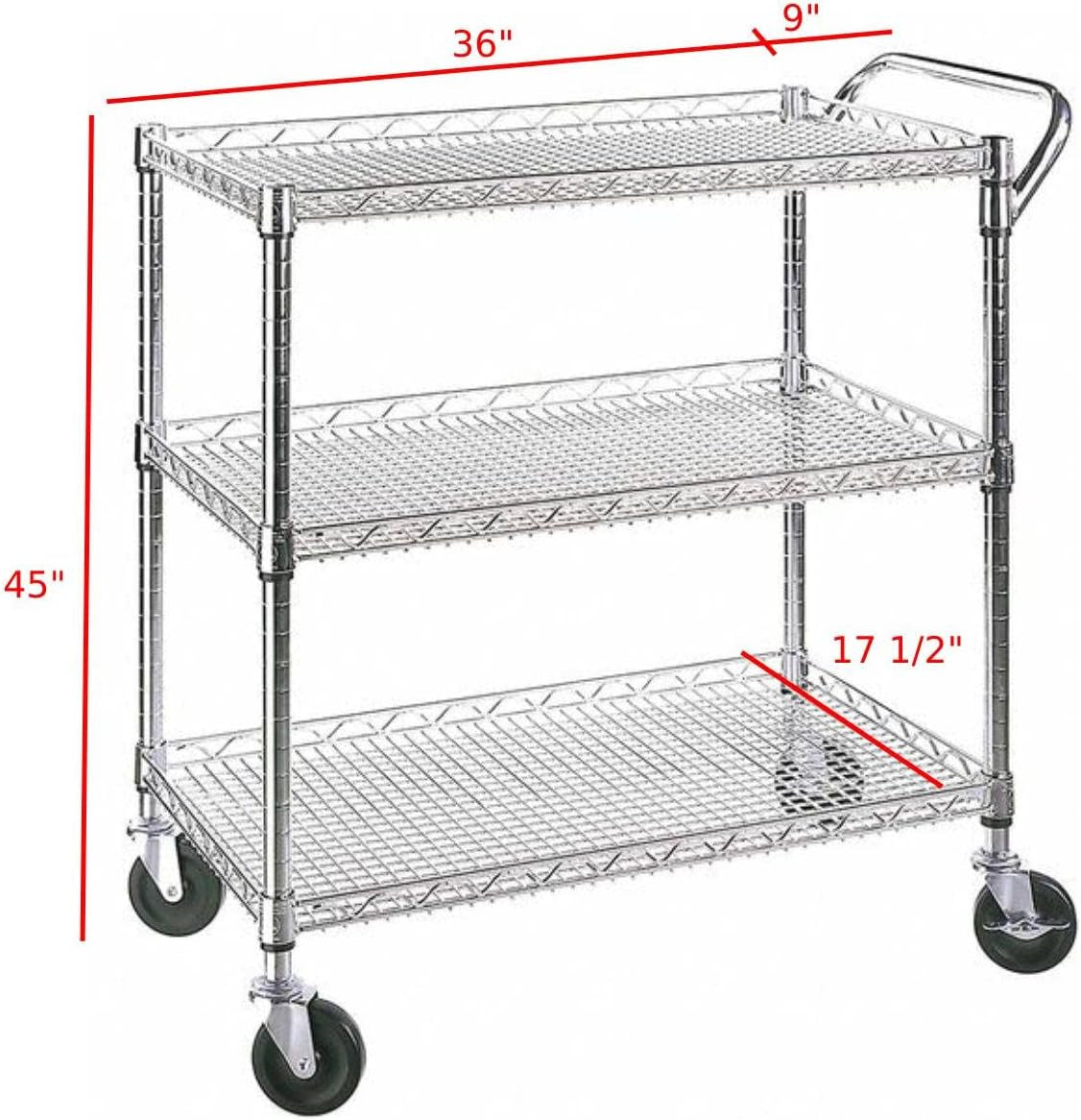 Heavy Duty 3 Tier Rolling Utility Kitchen Cart on Wheels,Large 45"L X 17 1/2"D X 45"H Metal Serving Cart Commercial Grade with Wire Shelving and Handle Bar for Office School Church Kitchen Hardware