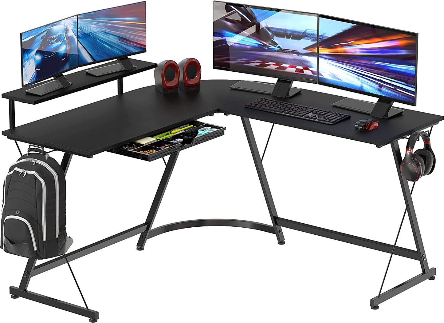 51 X 51 Inches Vista L-Shaped Desk with Monitor Stand and Drawer, Black