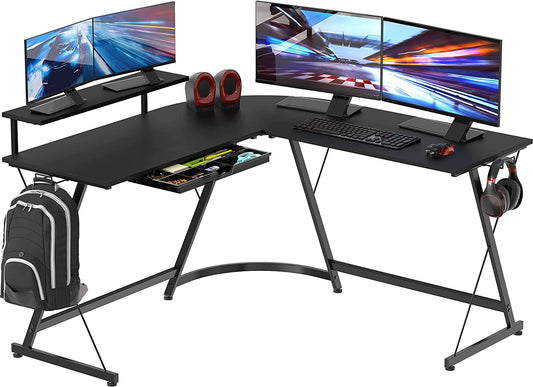 51 X 51 Inches Vista L-Shaped Desk with Monitor Stand and Drawer, Black