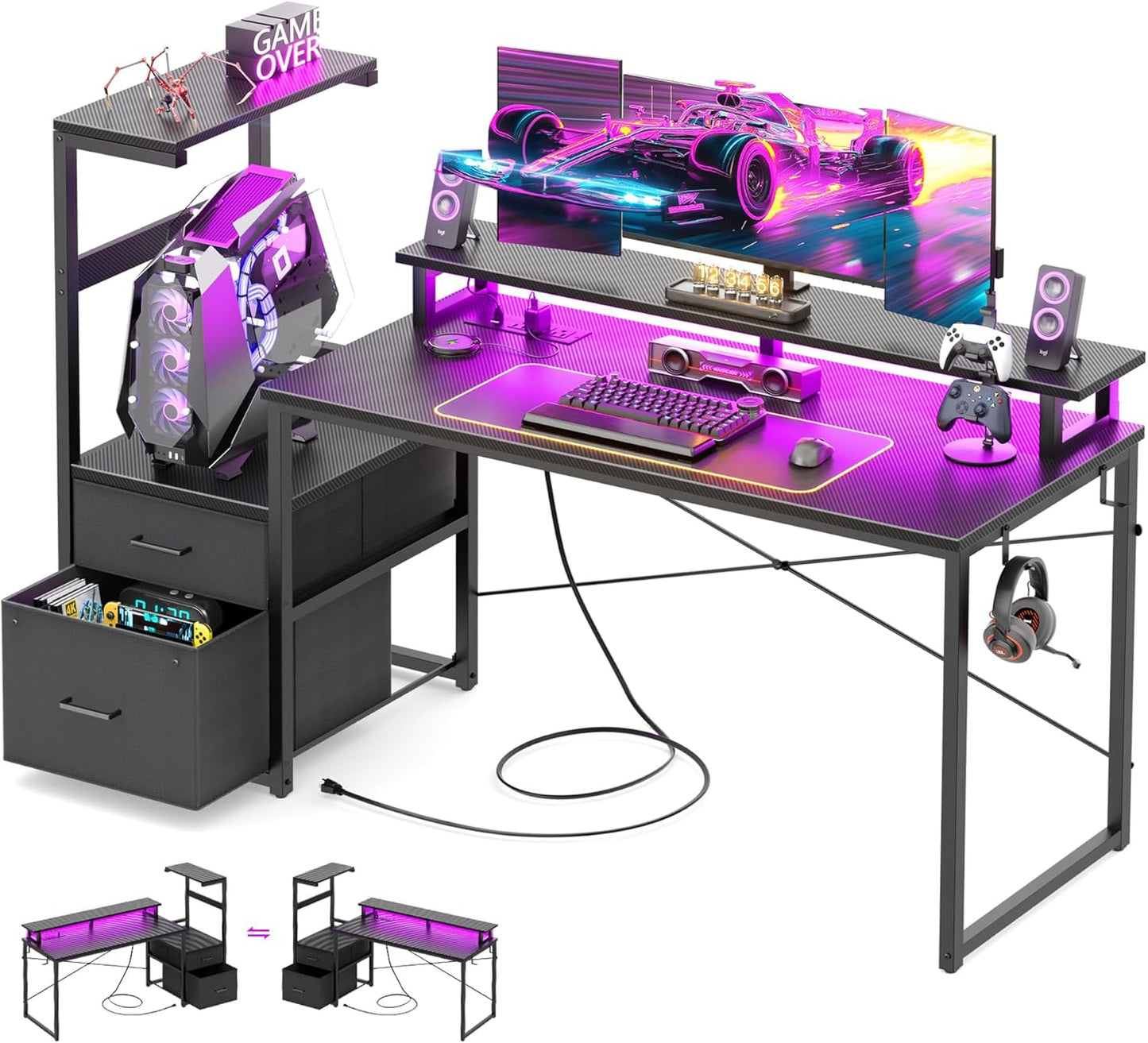 Gaming Desk with LED Strip & Power Outlet, 59Inch Reversible Computer Desk with Monitor Stand & Storage Shelves, Home Office Desks with Fabric File Drawer, PC Gamer Table, Carbon Fiber Black