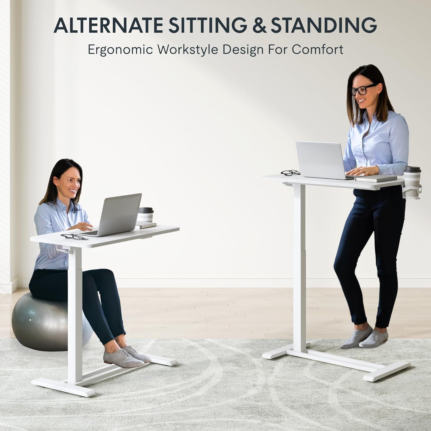 H7 Adjustable Overbed Bedside Table with Wheels Pneumatic Mobile Standing Desk Laptop Desk Rolling Computer Cart Movable Overbed Table Hospital Home Use(27.6" W X 15.7" D, White)