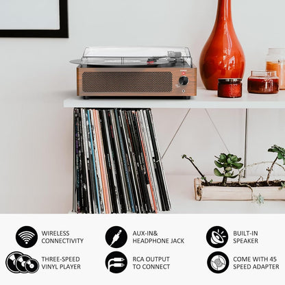 Vintage Record Players for Vinyl with Speakers Belt-Driven Retro Turntable LP Player Support 3-Speed, Bluetooth Playback, Aux-In, Headphone, RCA All-In-One Auto Stop Phonograph Wooden Brown