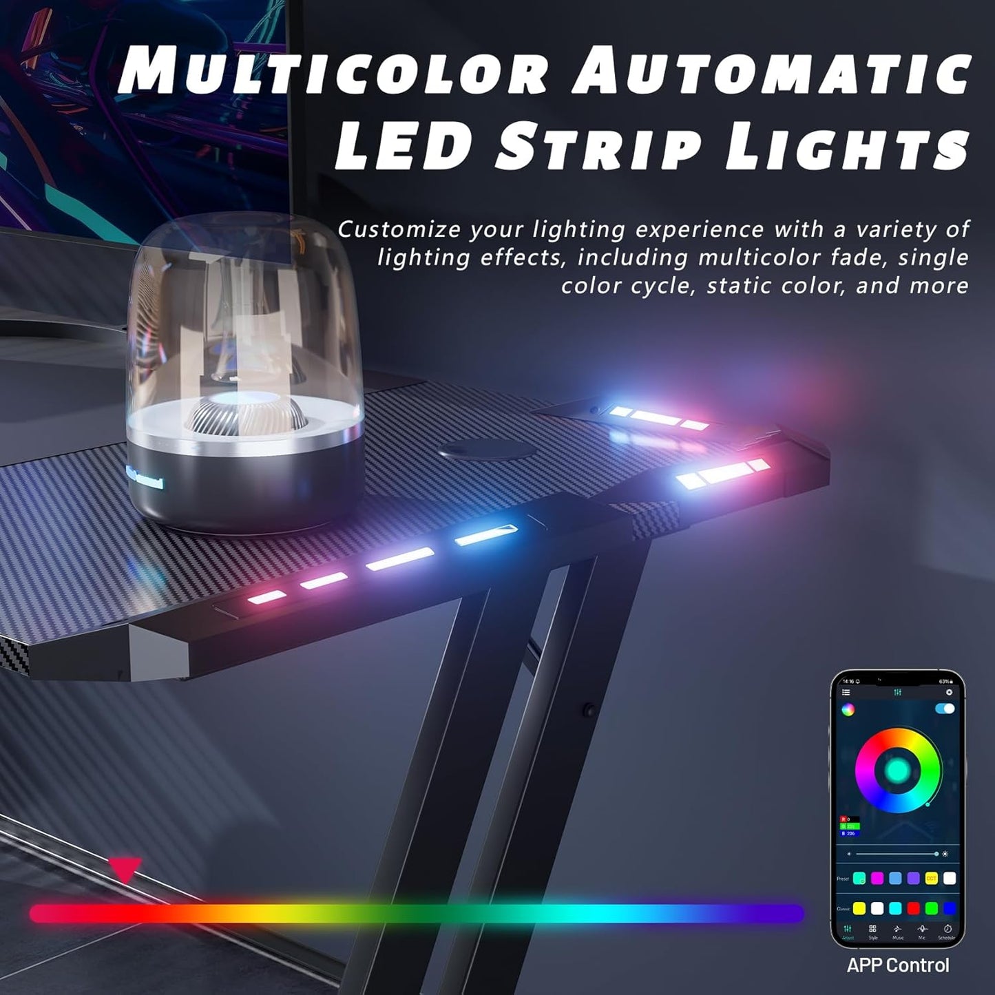 47 Inch Gaming Desk with LED Lights, Large RGB Computer Gaming Desk Table with Cup Holder Headphone Hook Mouse Pad, Ergonomic Modern Carbon Fiber Mesa Gamer Pc Work Home Office Desks, Black