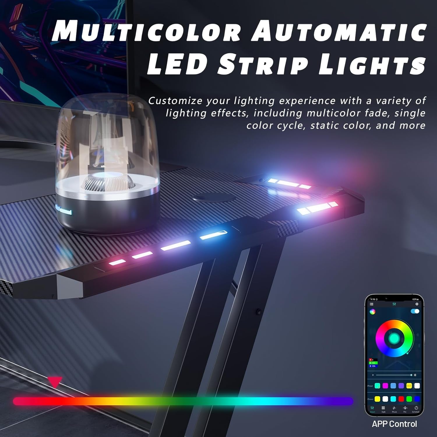 47 Inch Gaming Desk with LED Lights, Large RGB Computer Gaming Desk Table with Cup Holder Headphone Hook Mouse Pad, Ergonomic Modern Carbon Fiber Mesa Gamer Pc Work Home Office Desks, Black