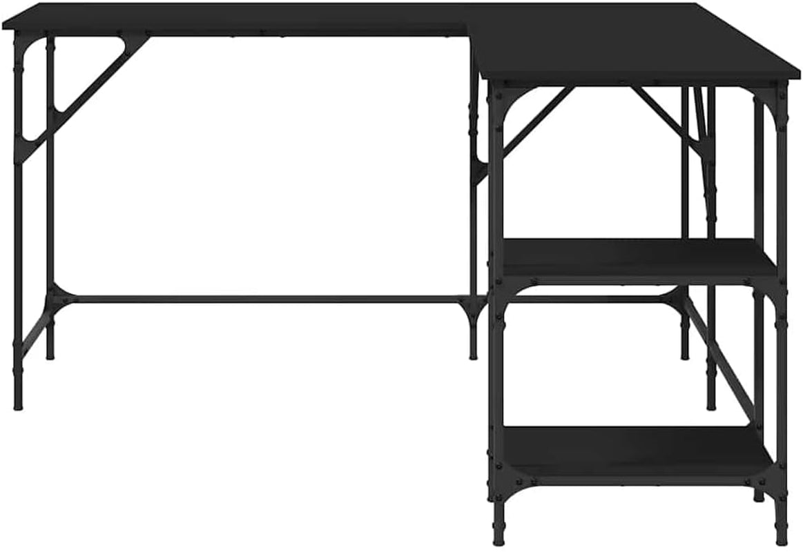 L-Shaped Computer Desk, 54.7-Inch Corner Gaming Table, Black Engineered Wood & Steel Frame, Adjustable Feet for Home Office, Modern Study Writing Workstation