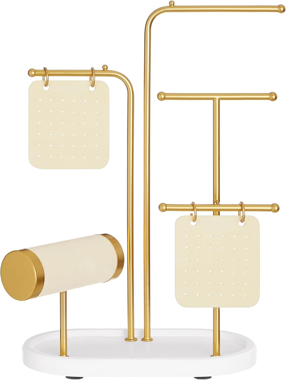 Jewelry Stand, Jewelry Organizer, Jewelry Display Holder with Metal Frame, 2 Earring Boards, 4 Hanging Rods, Necklace Earring Bracelet Holder, for Watches, Metallic Gold UJJS025A01